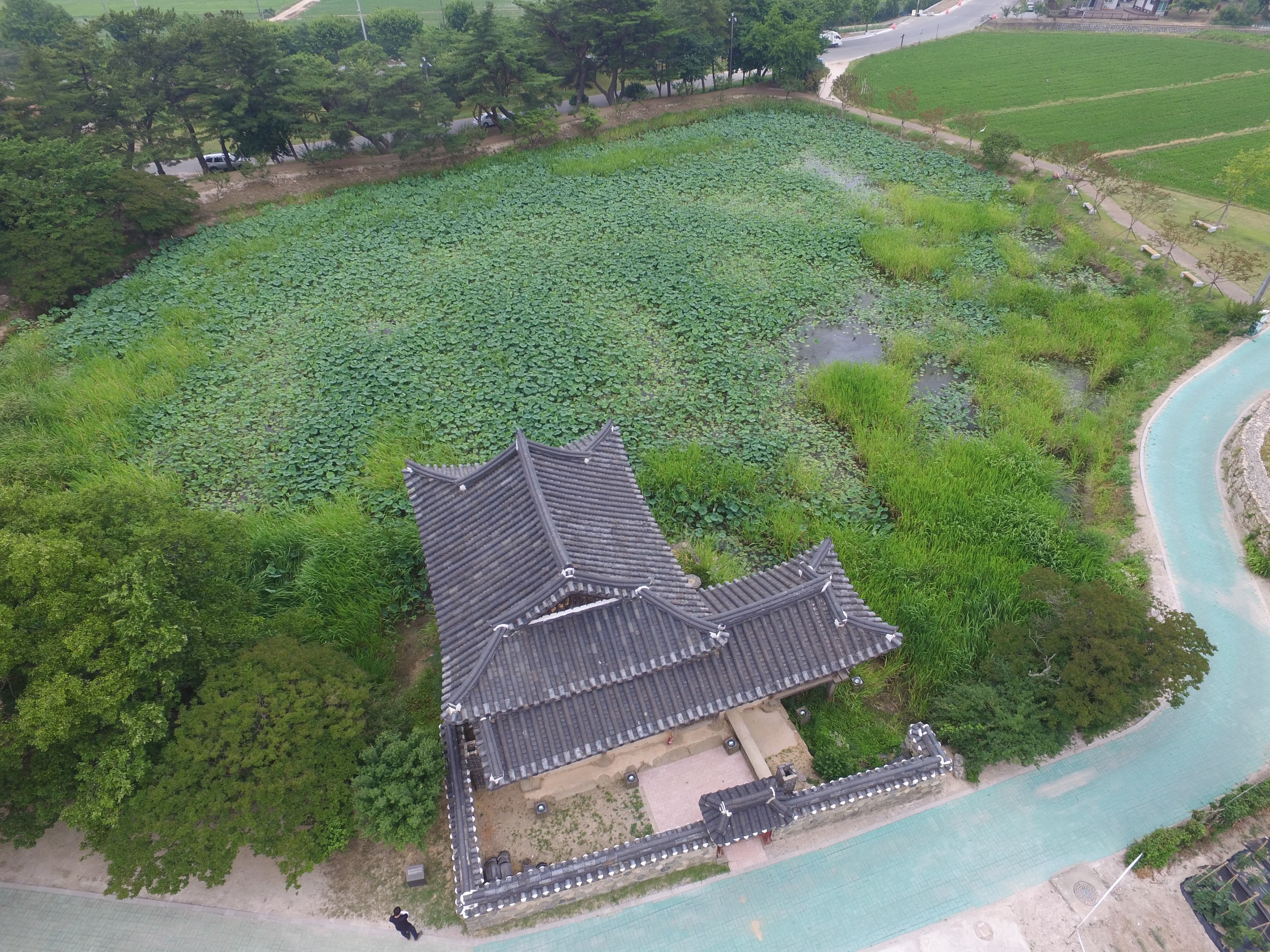 경주 서출지 — 경주 서출지 서쪽상공(동쪽으로 조망) (고도보존육성과, 2017)